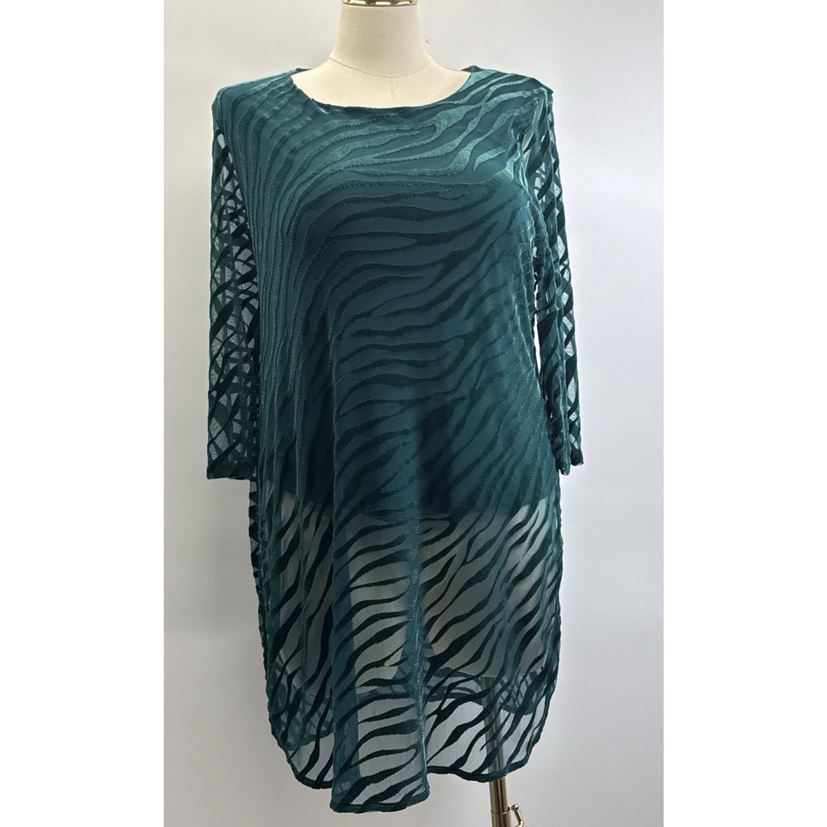 Alfani Teal Burnout Zebra Print Layered Tunic Top L Boho Artsy Mesh