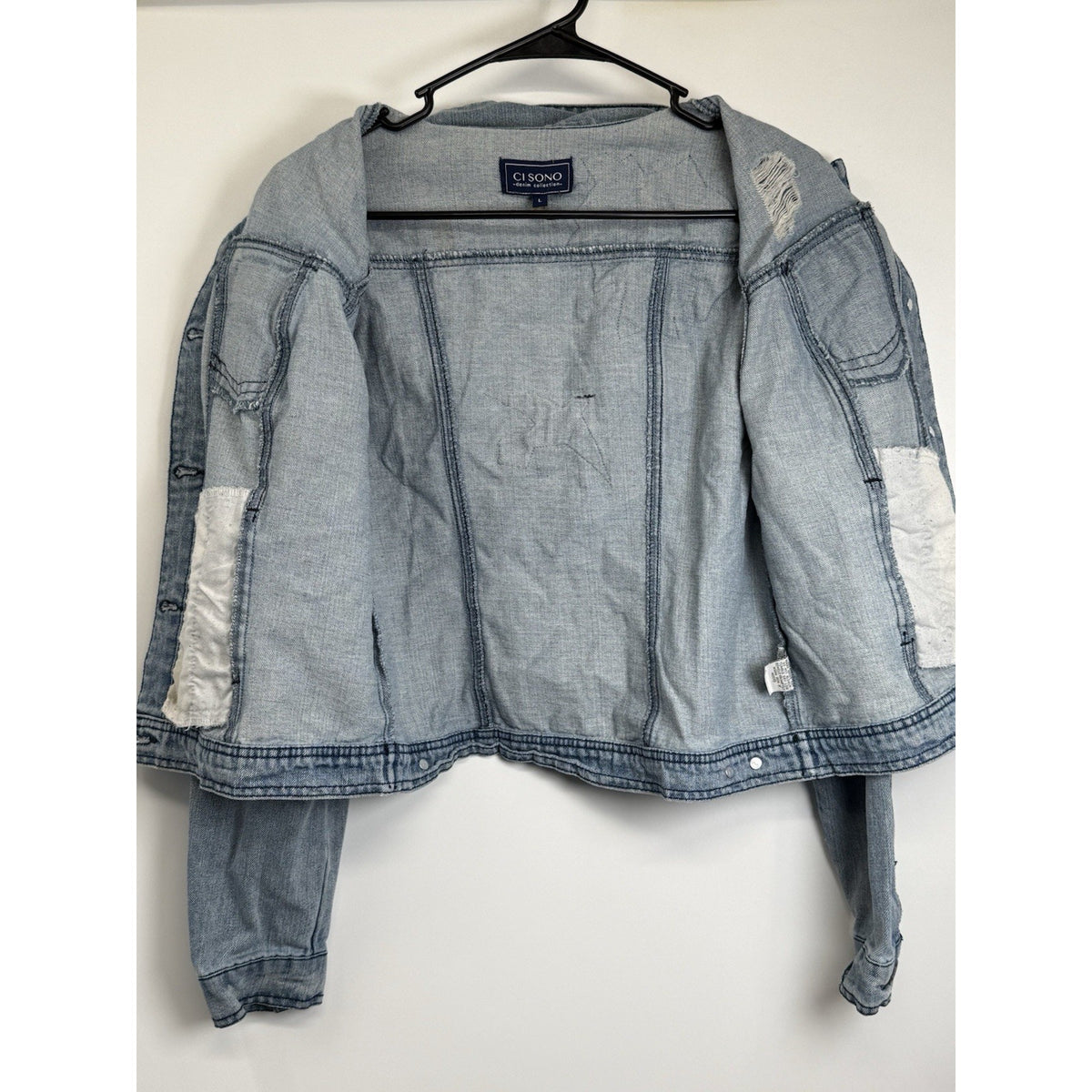 Cisono Denim Collection Light Wash Distressed Denim Jacket Floral Bird Patch L