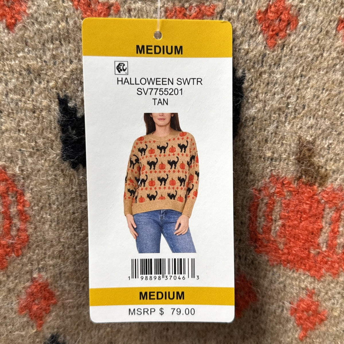 Vince Camuto Women's M Tan Knit Crew Neck Long Sleeve Halloween Cat Pumpkin NWT