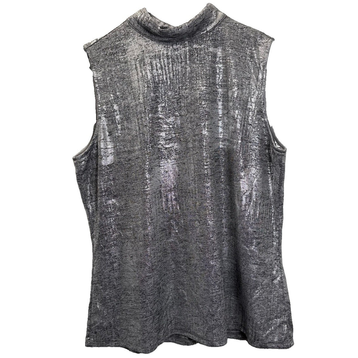 H by Halston Metallic Silver Mock Neck Sleeveless Stretch Knit Top Women’s M