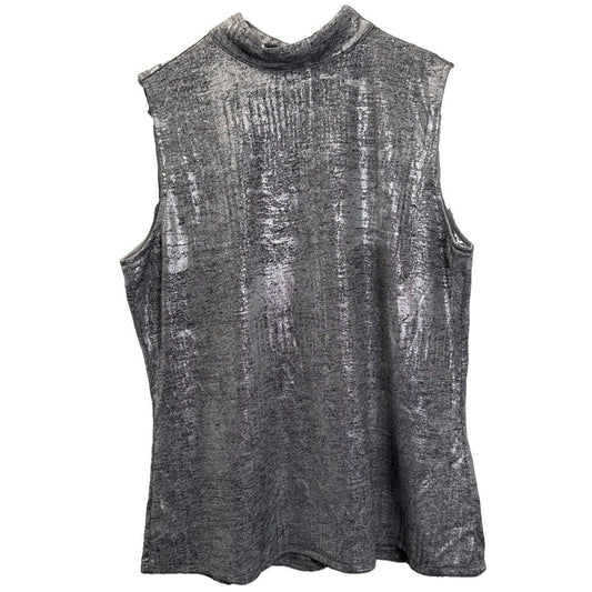 H by Halston Metallic Silver Mock Neck Sleeveless Stretch Knit Top Women’s M