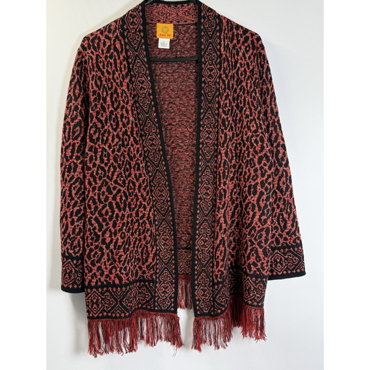 Ruby Rd Open Front Cardigan Sweater Fringe Hem Fall Colors XL Boho Animal Print