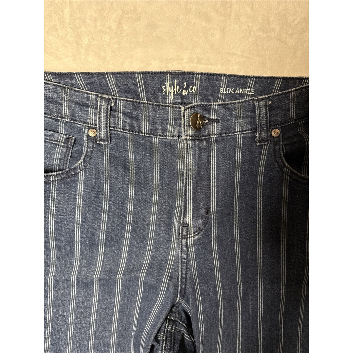 Style & Co Slim Ankle Jeans Womens 10 Blue Striped Denim Zip Fly 5-Pockets