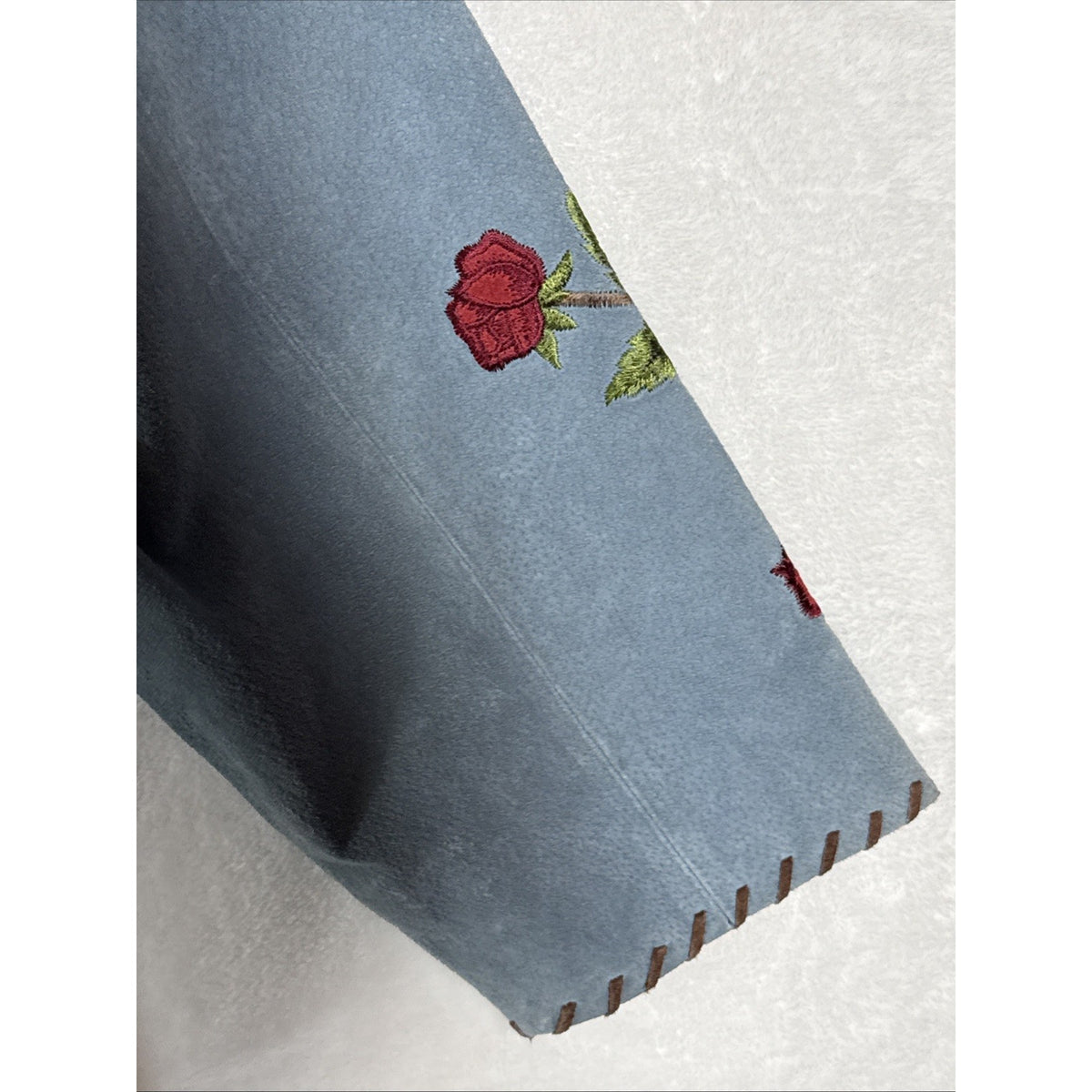 QUACKER FACTORY Womens Blue Suede Leather Red Roses Jacket Coat - Sz XL