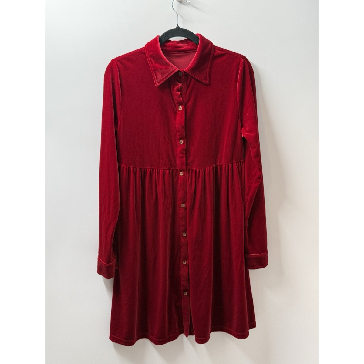 Womens Red Velvet Babydoll Dress M Button Front Long Sleeve Holiday Whimsigoth