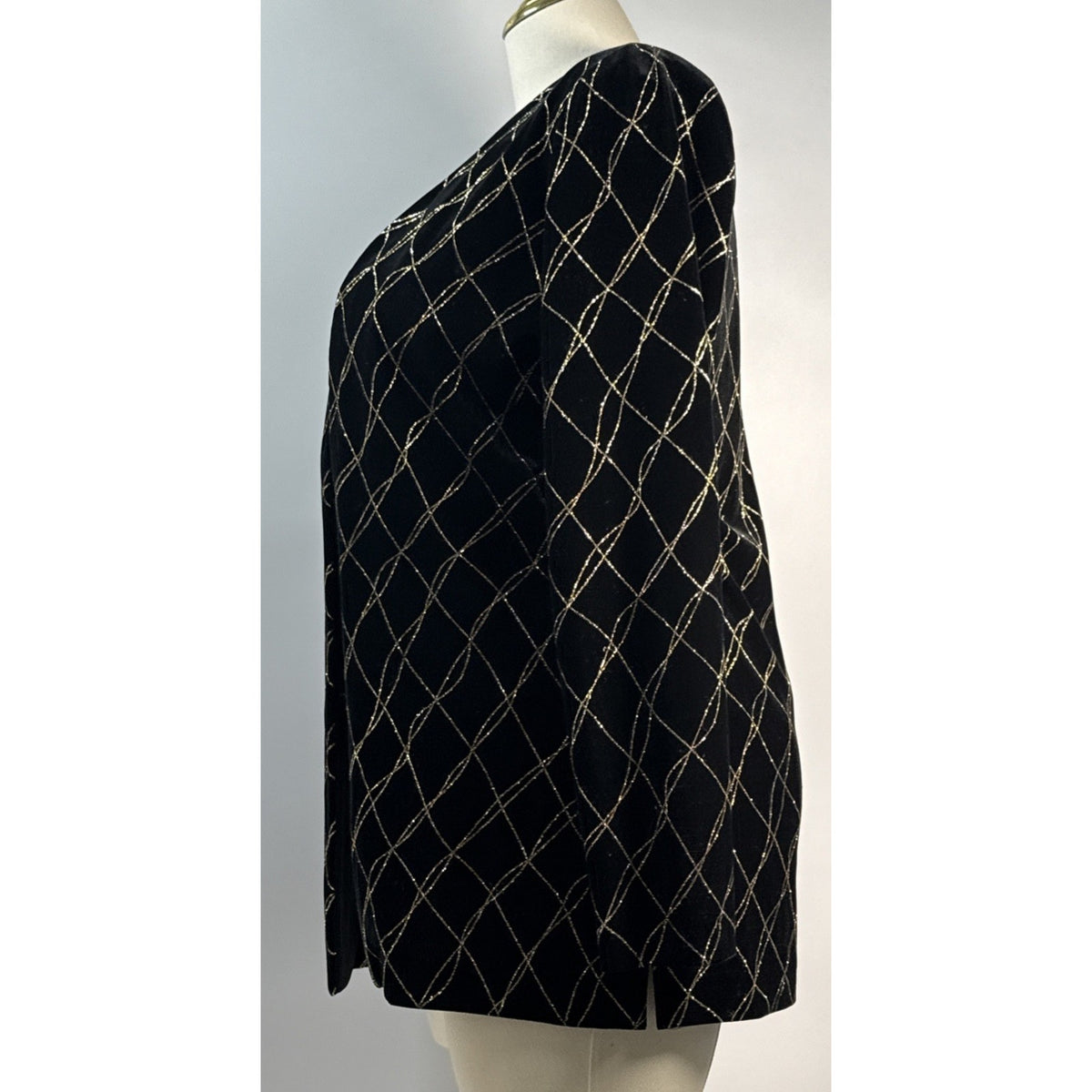 J.B.S. LTD. Size 12 Vintage Velvet Metallic Grid Open Front Jacket Black/Gold