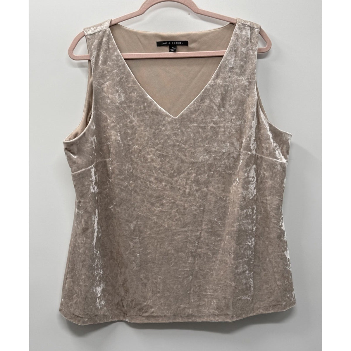 Zac & Rachel XL Crushed Velvet Sleeveless Blouse Lace Back V Neck Champagne