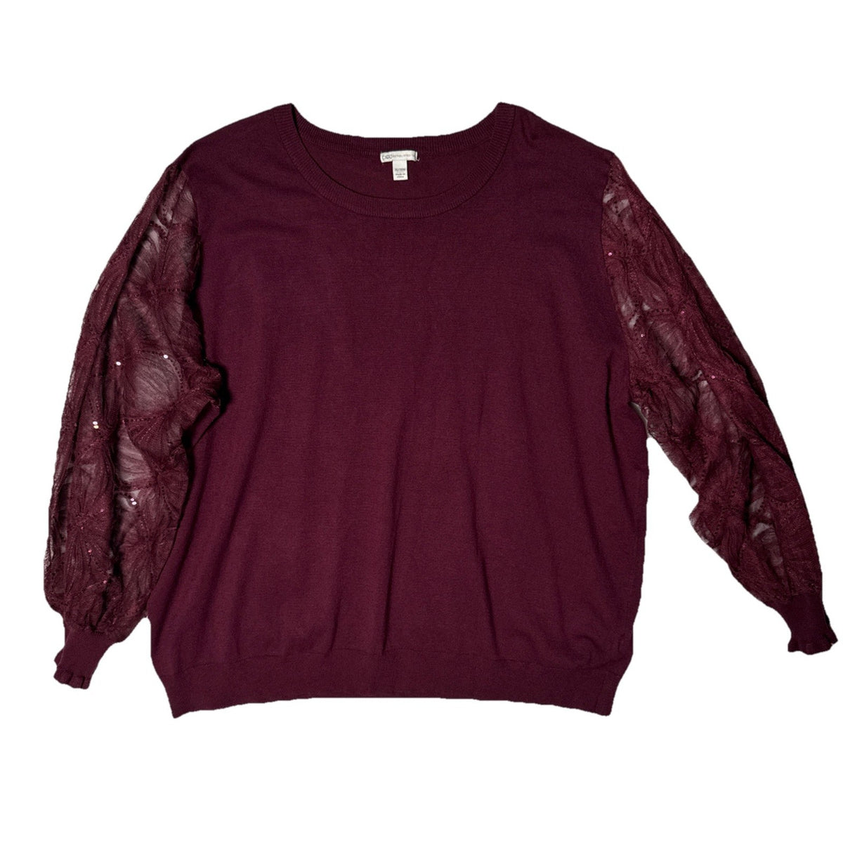 Cato Burgundy Sweater Sheer Lace Sequin Sleeves Sz 26/28 Romantic Whimsigoth