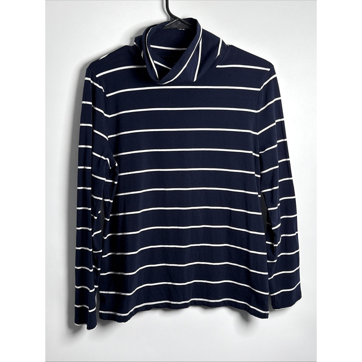 The Talbots Tee Womens Large Petite Blue Ivory Striped Turtleneck Soft Cotton