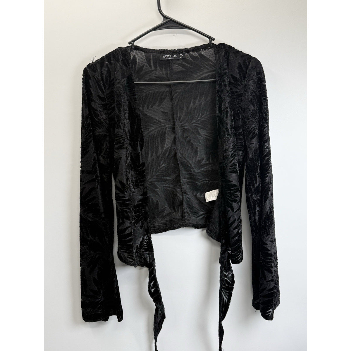 Nasty Gal US Sz 2 Black Velvet Burnout Tie Front Crop Top Sheer Boho Y2K Goth