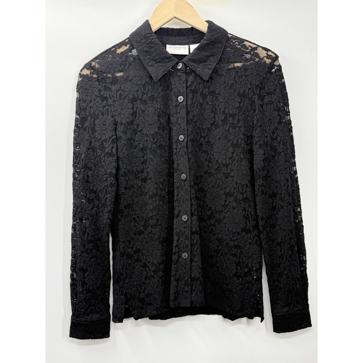Liz Claiborne Lace Blouse Womens S Black Button Front Sheer Floral Top