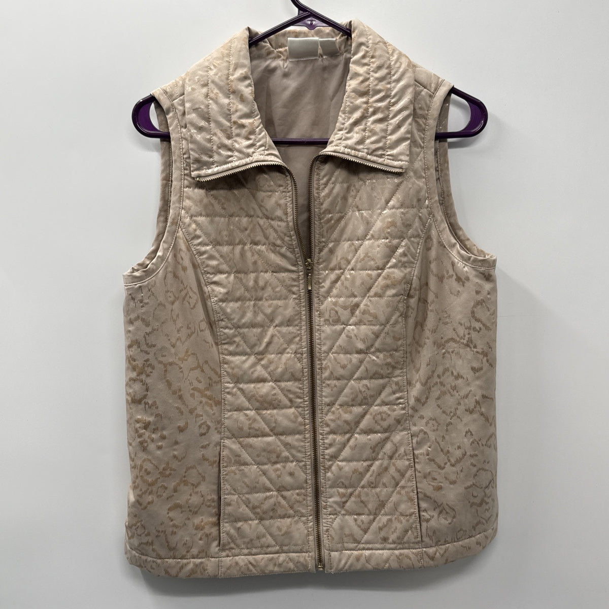 CHICO'S ZENERGY Neema Vest Sz 1 (M) Gold Leopard Quilted Pockets Full Zip Womens