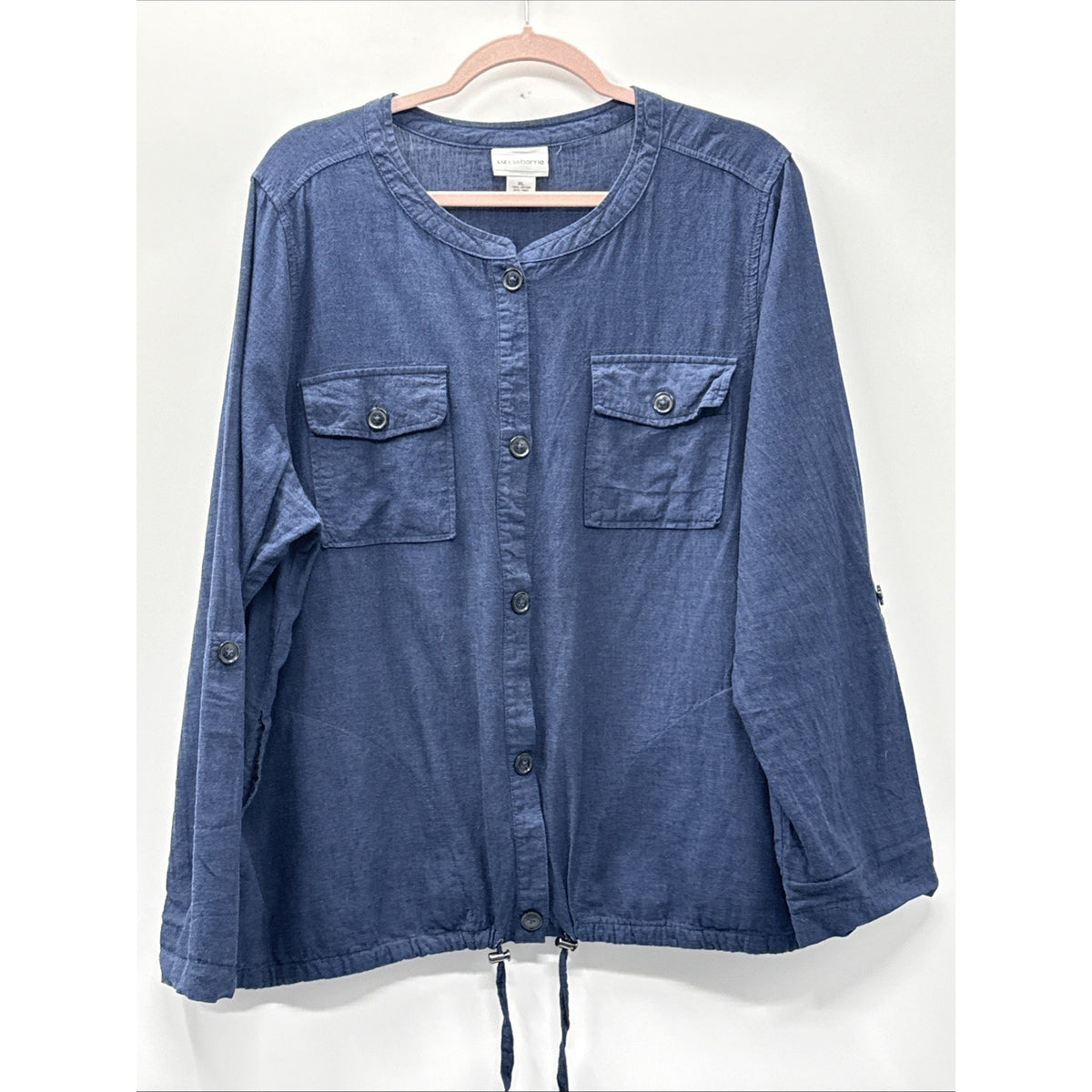 Liz Claiborne Woman XL Blue Linen Blend Shacket Roll Tab Sleeve Minimal Resort