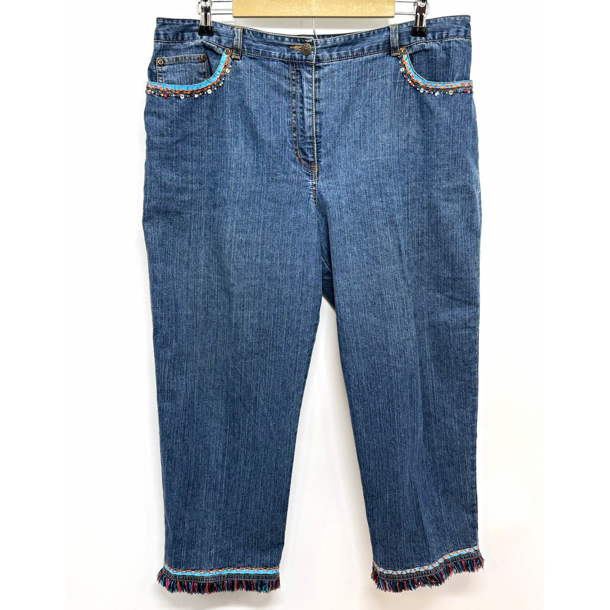 Ruby Rd Capri Jeans Womens 14 Embellished Beaded Fringe Hem Stretch Denim Blue