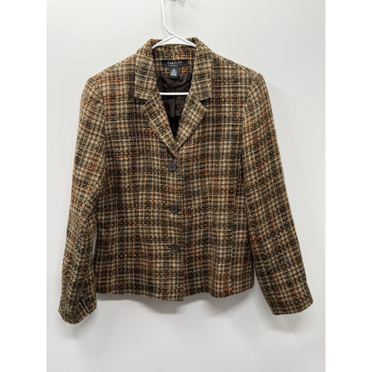 Parisian Signature Blazer Women Size 10 Brown Plaid Textured Button Front Jacket