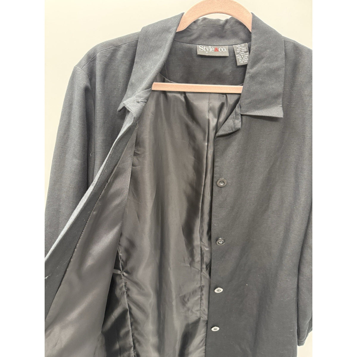 Style & Co Black Linen Rayon Button Front Long Jacket Topper Women’s 14 Career