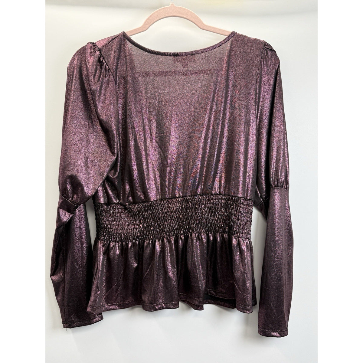 Lavish Metallic Plum Peplum Top L Puff Sleeve Smocked Y2K Party Blouse