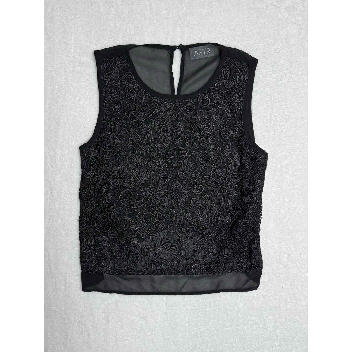 ASTR Black Lace Sleeveless Blouse Sheer Overlay Floral Lace Keyhole Back Size S