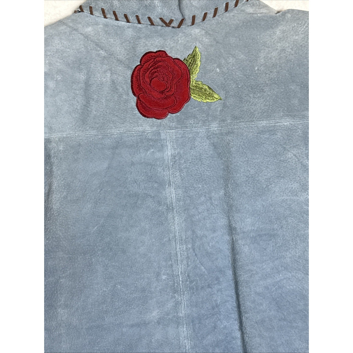 QUACKER FACTORY Womens Blue Suede Leather Red Roses Jacket Coat - Sz XL