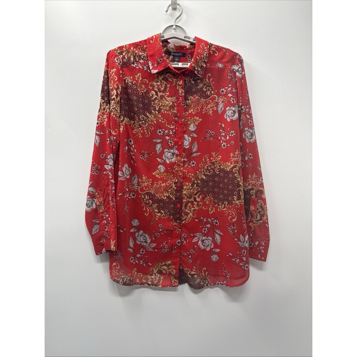 Roaman’s 16W Red Floral Boho Button Front Tunic Blouse Sheer Long Sleeve