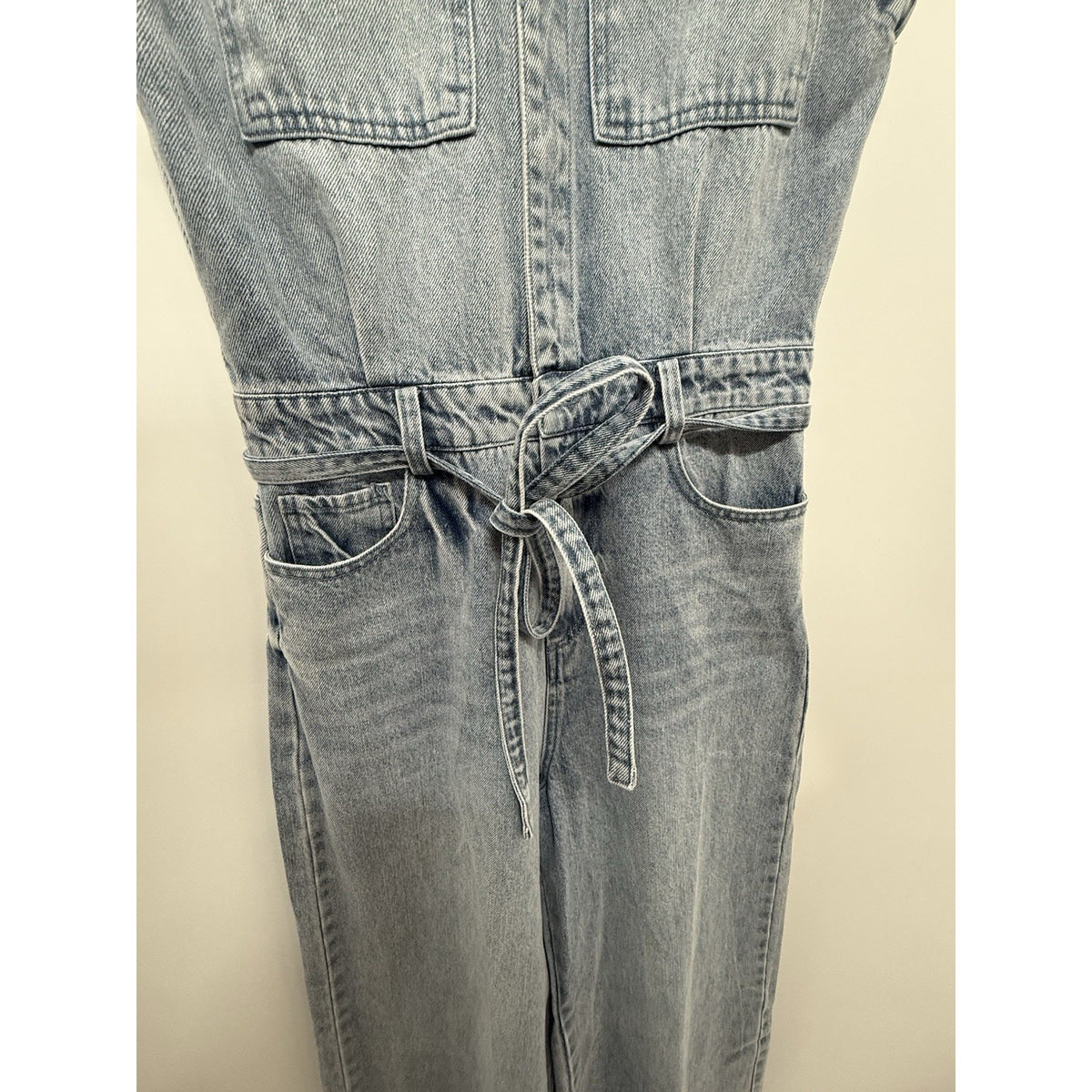 VICI Blue Denim Jumpsuit Womens S Sleeveless Collared Wide Leg Belted Pockets