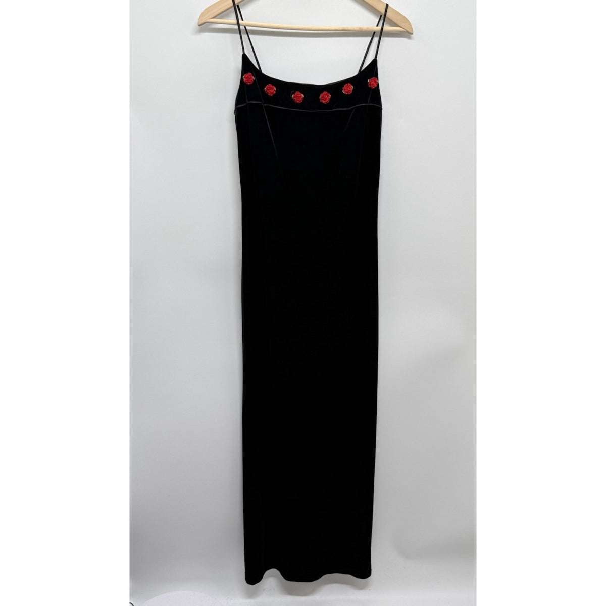VTG 90s Betsy & Adam Black Velvet LaceUp Maxi Dress Red Rosettes 11/12 Flawed