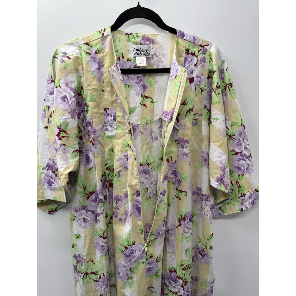 Anthony Richards House Dress Women L Floral Zip Front Pocket Cotton Short Sleeve