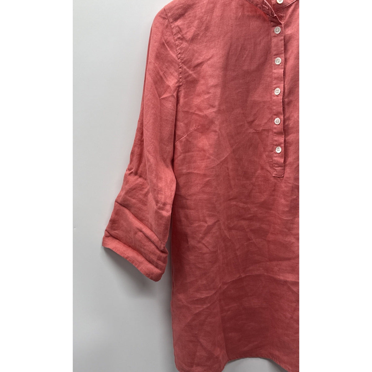 Charter Club Linen Top Sz 8 Coral Pink Roll-Tab Sleeve Mandarin Collar Coastal