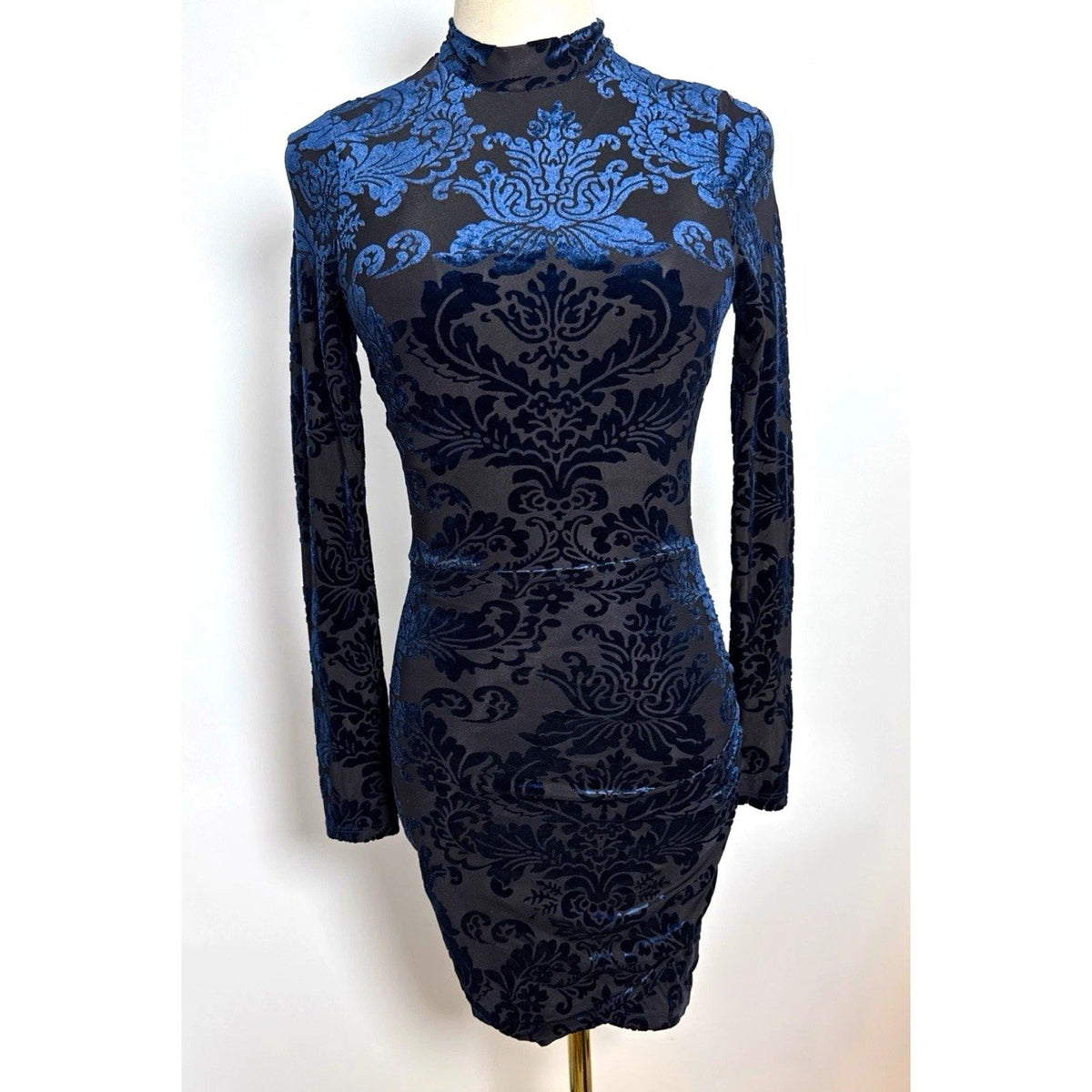 Windsor XS Navy/Black Burnout Velvet Damask Bodycon Mini Mock Neck long sleeve