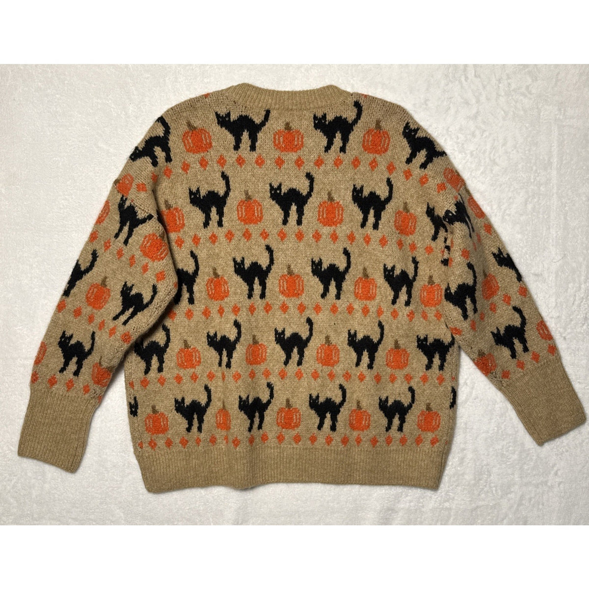 Vince Camuto Women's M Tan Knit Crew Neck Long Sleeve Halloween Cat Pumpkin NWT