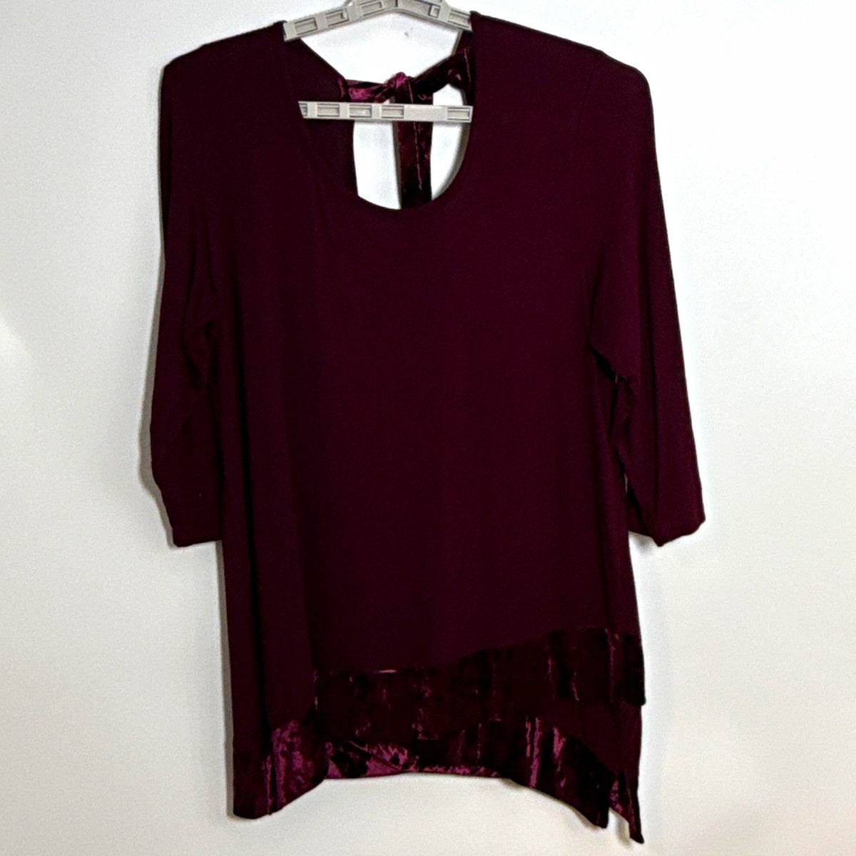 Cha Cha Vente Womens Plus Burgundy Scoop Neck Tunic 3/4 Sleeve Stretch Velvet