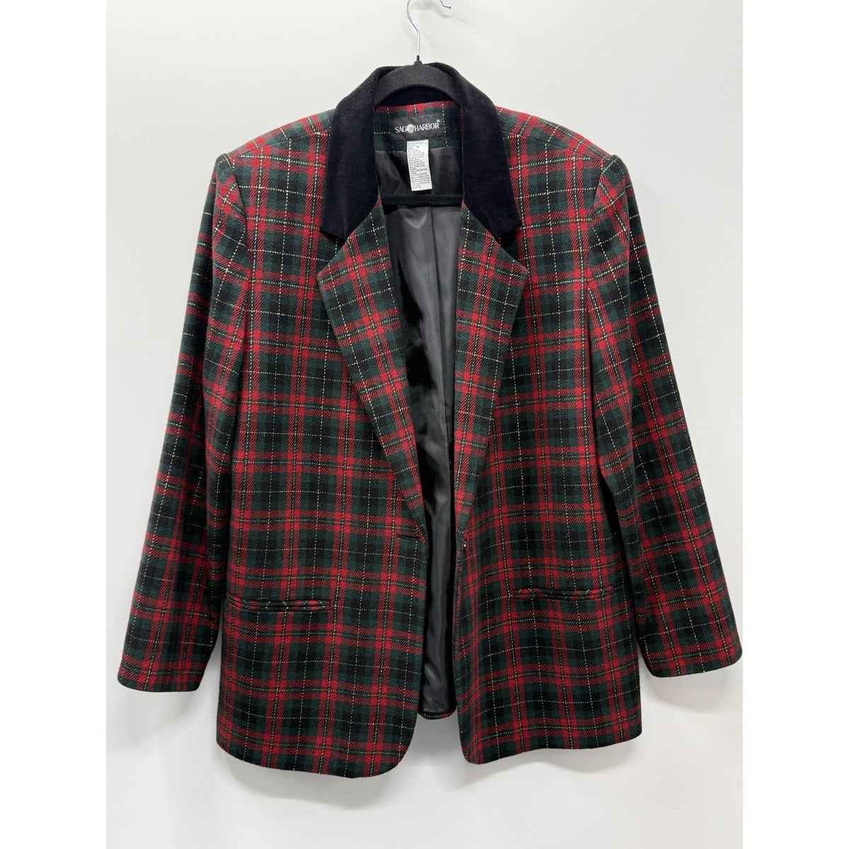 Sag Harbor Plaid Blazer Jacket Women 18 Red Green Black Velvet Holiday Christmas