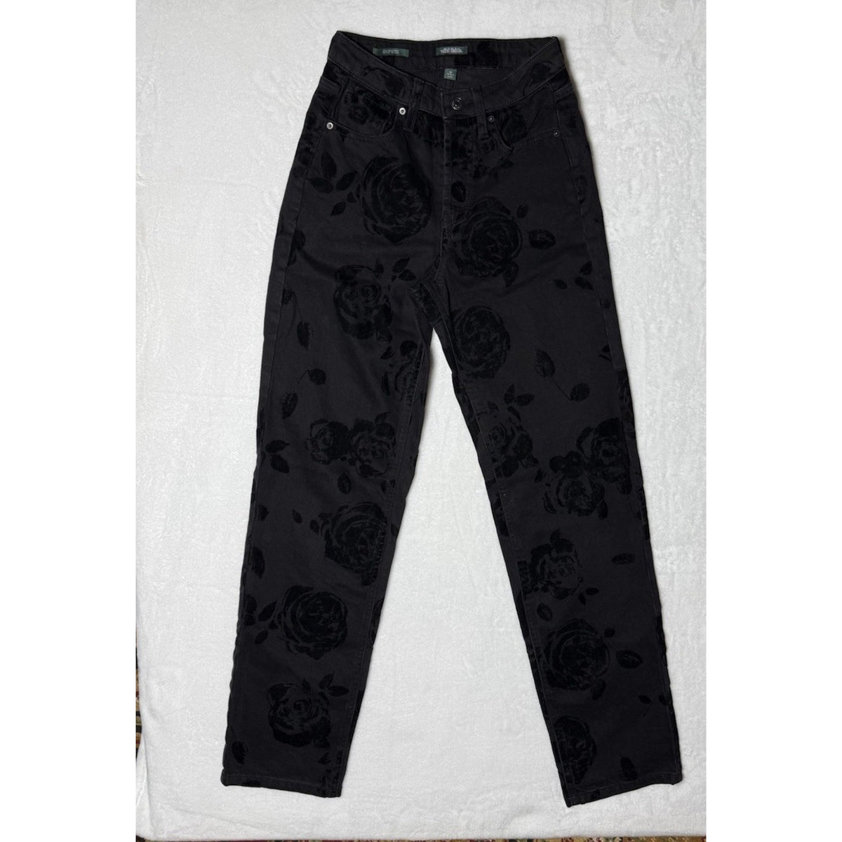 Wild Fable Womens 00 Black Flocked Velvet Rose Floral High Rise Straight Jeans