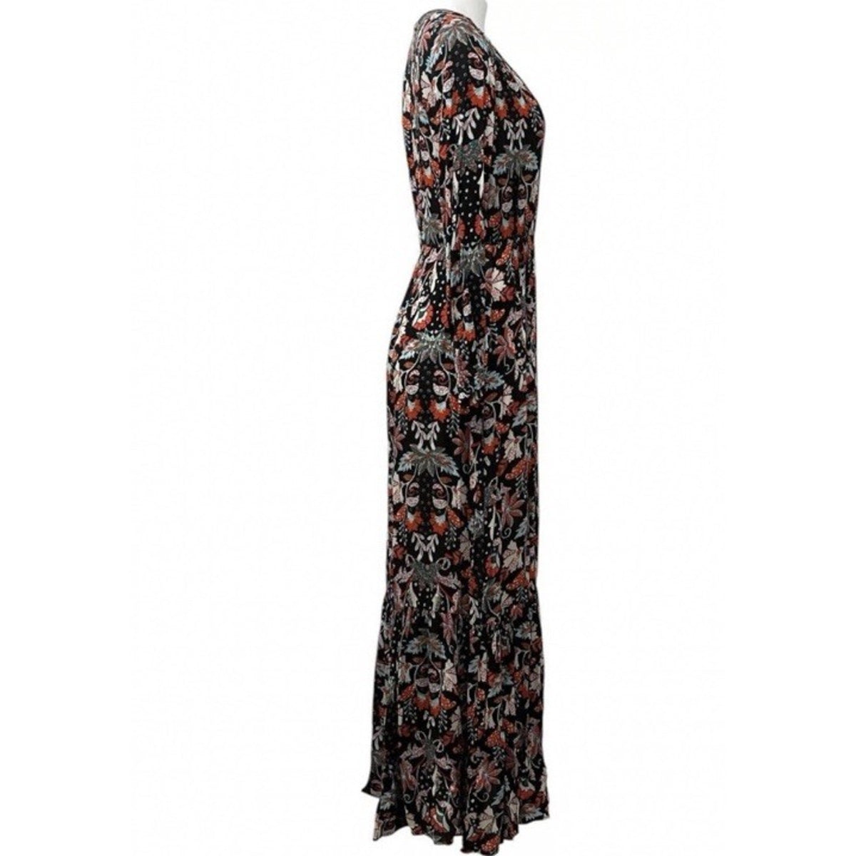 New York & Company Women Black Maxi Dress W/Floral Print Size Small Long Sleeve