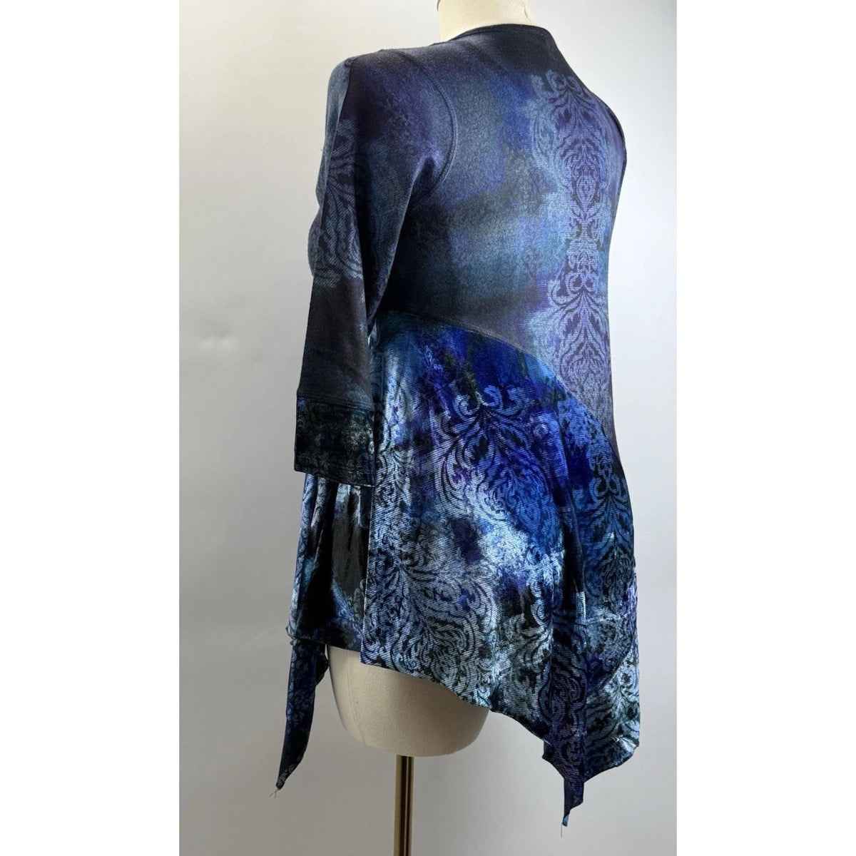OneWorld Blue Abstract Sharkbite Tunic Top Large Boho Goth Asymmetrical