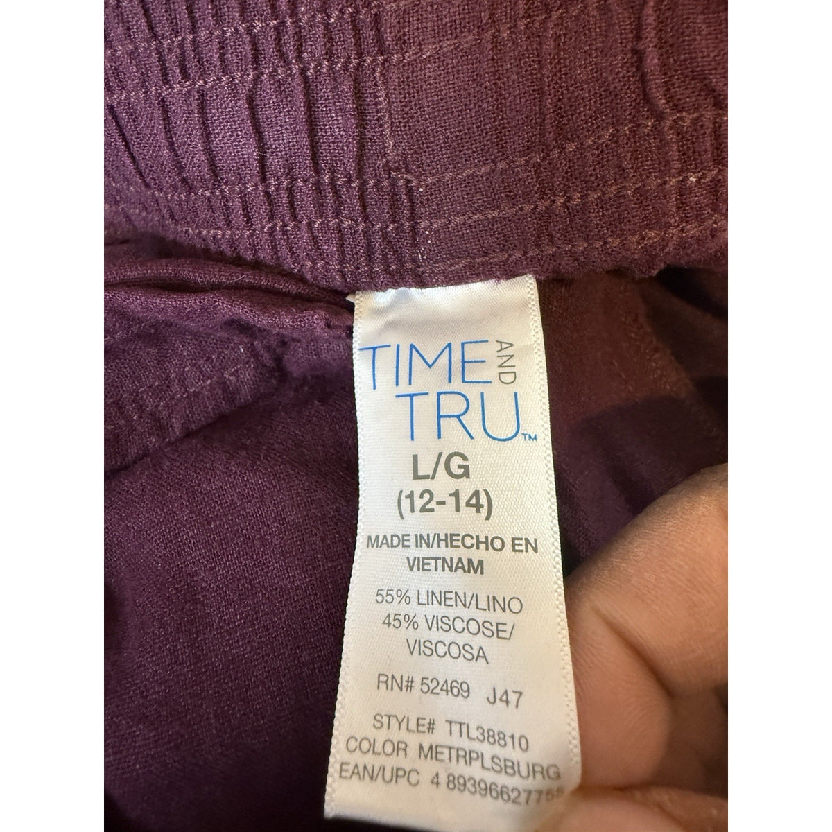 Time & Tru Linen Blend Pants Women L 12-14 Burgundy Pull On Elastic Waist Casual