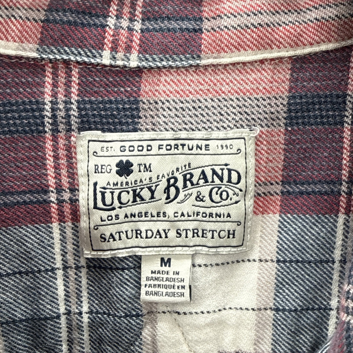Lucky Brand Saturday Stretch Plaid Flannel Shirt Mens Medium M Rose Pink Blue