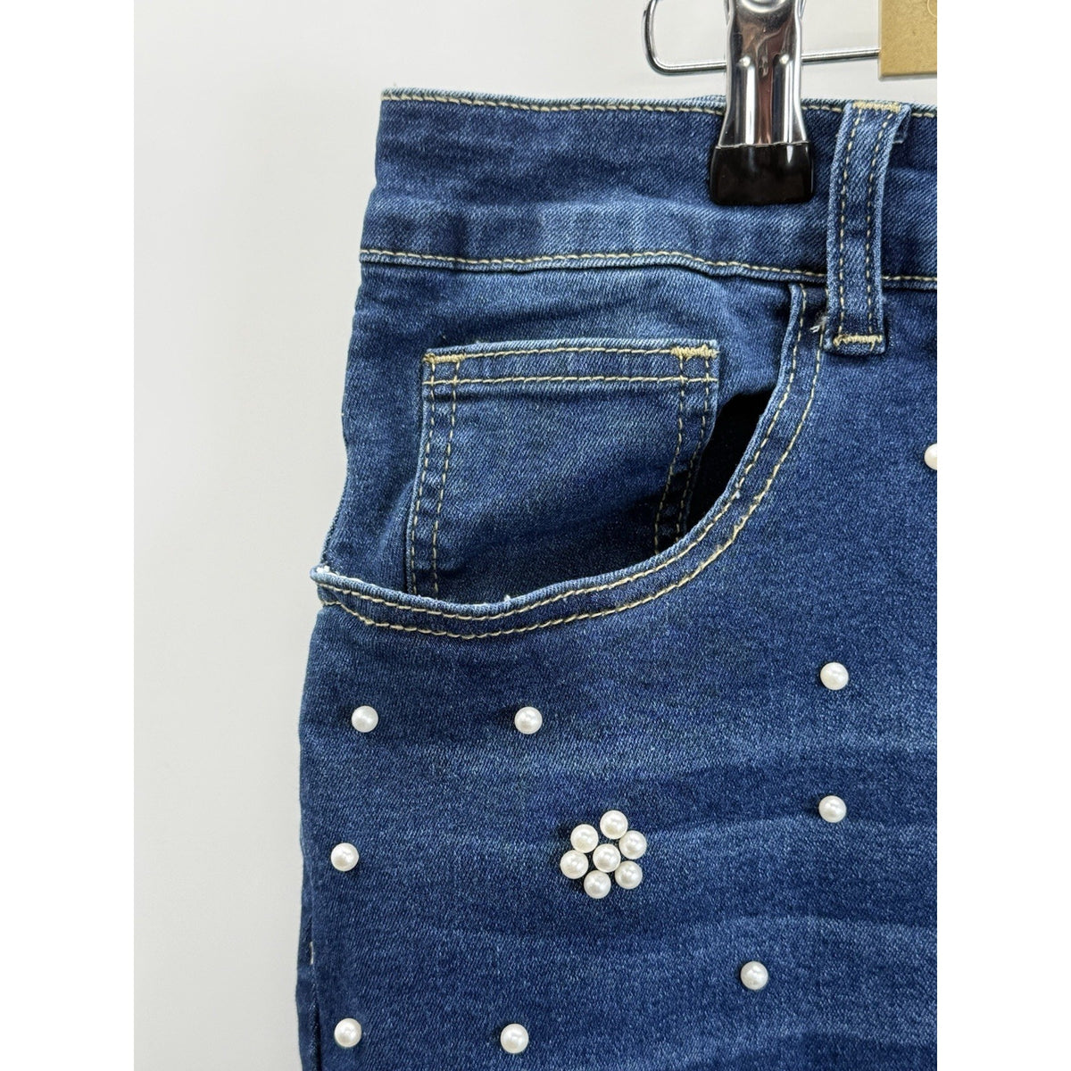 Plus Size Pearl Studded Denim Skirt 3XL Frayed Hem Stretch Jean