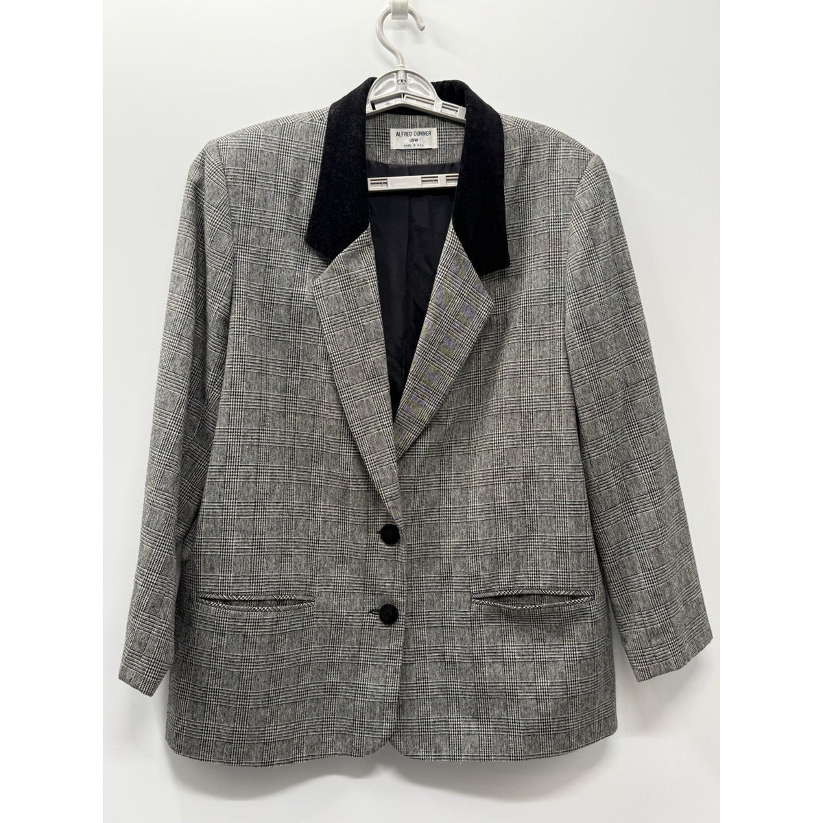 VTG Alfred Dunner 18W Glen Plaid Blazer Black Velvet Collar USA Dark Academia