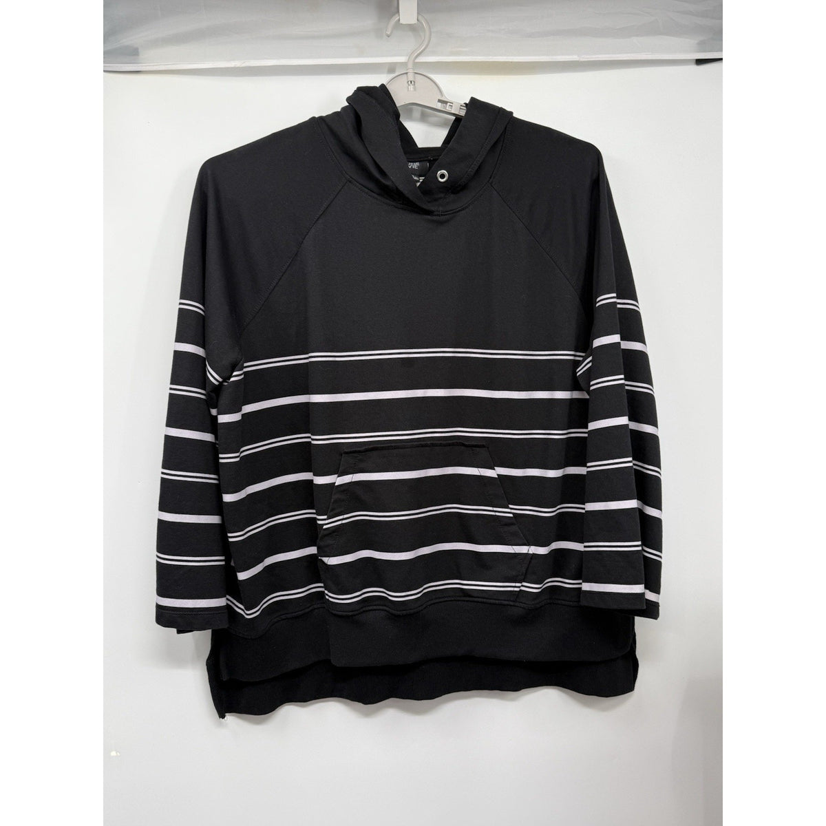 June + Vie 1X Black White Striped Hoodie Pullover Kangaroo Pocket No Drawstring