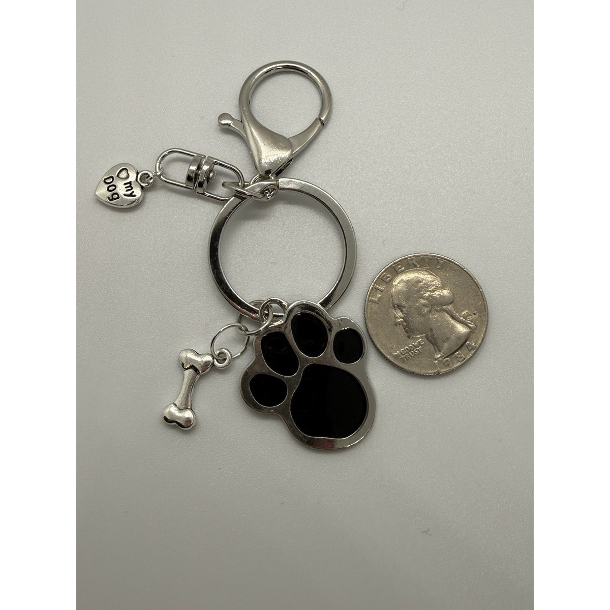 Dog Lover Purse Charm Keychain Paw Print Bone I Love My Dog Silver Tone