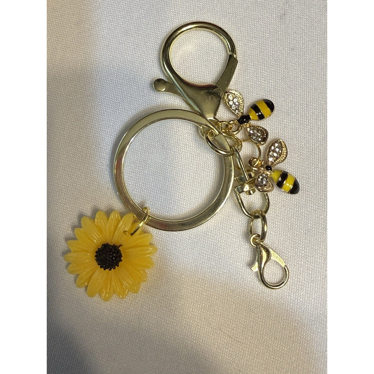 Gold Bee Sunflower Keychain Charm Rhinestone Bumblebee Floral Purse Bag Key Ring