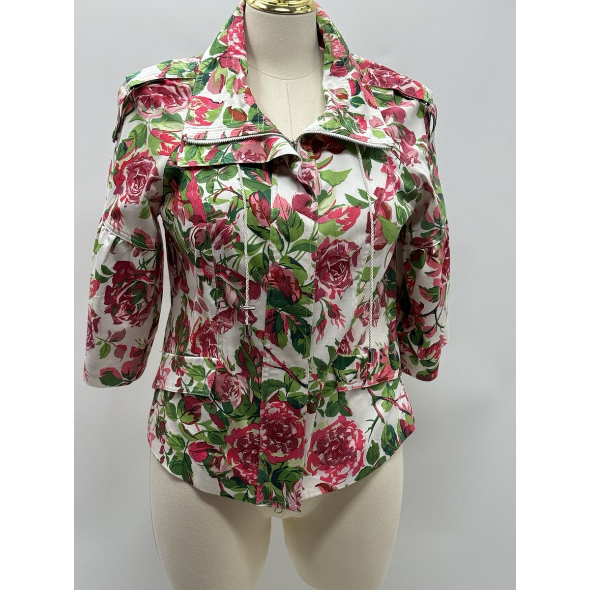 Just B Large Floral Utility Jacket White Pink Green Cotton Zip Front