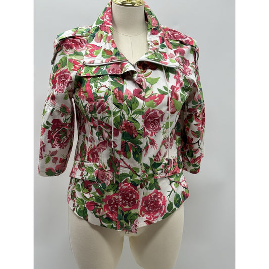 Just B Large Floral Utility Jacket White Pink Green Cotton Zip Front
