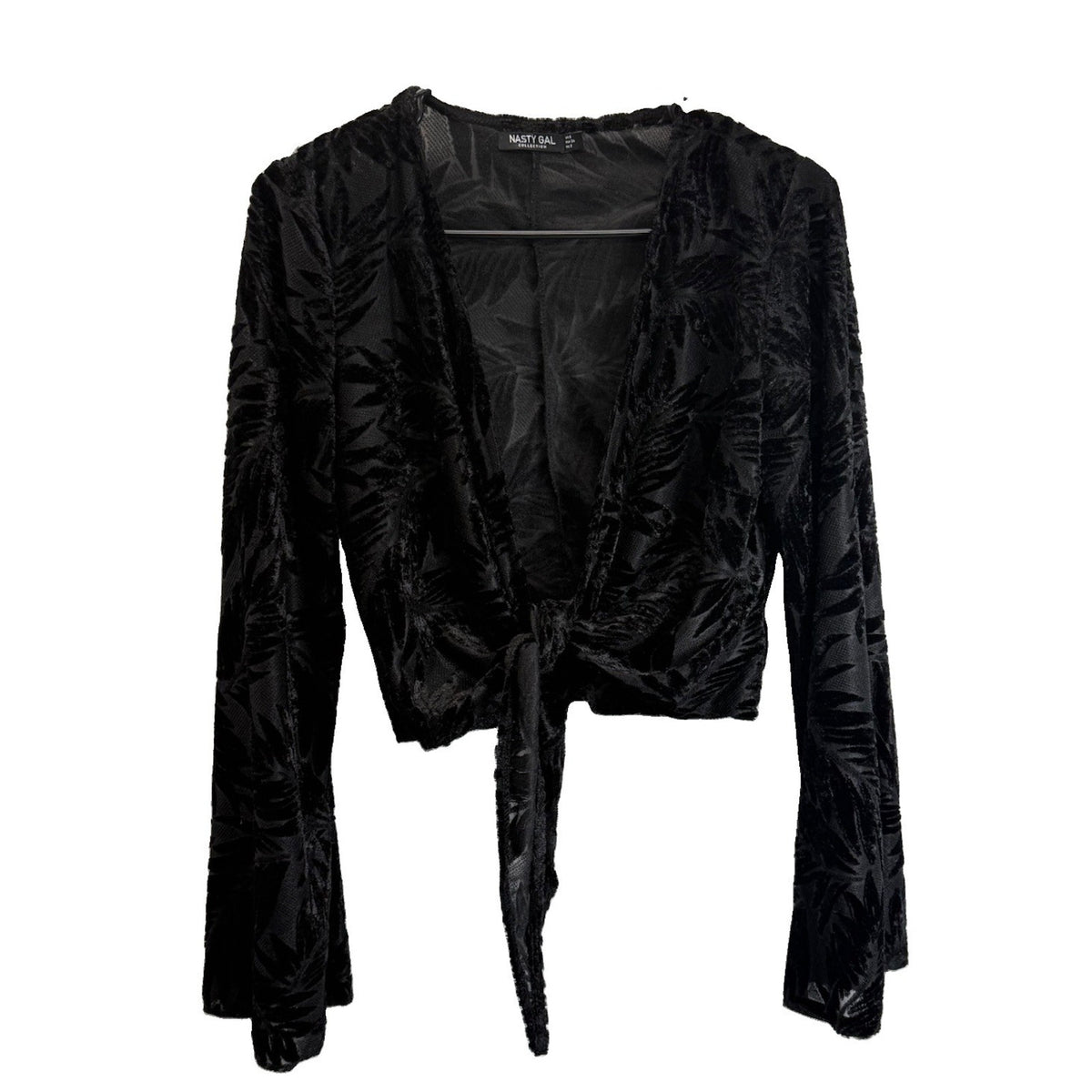 Nasty Gal US Sz 2 Black Velvet Burnout Tie Front Crop Top Sheer Boho Y2K Goth
