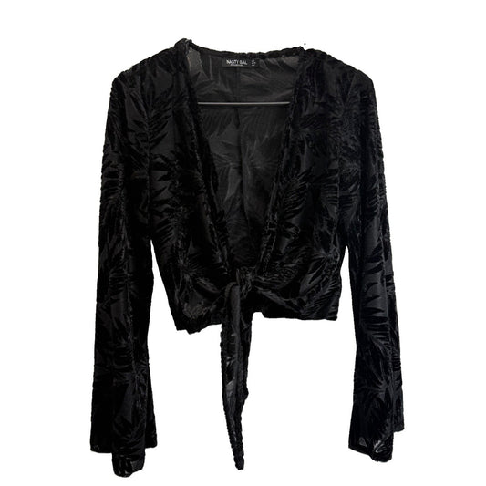 Nasty Gal US Sz 2 Black Velvet Burnout Tie Front Crop Top Sheer Boho Y2K Goth