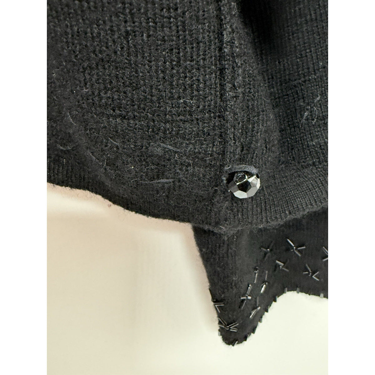Lord & Taylor Wool Cardigan Sweater L Black Beaded Open Front Collared Classic