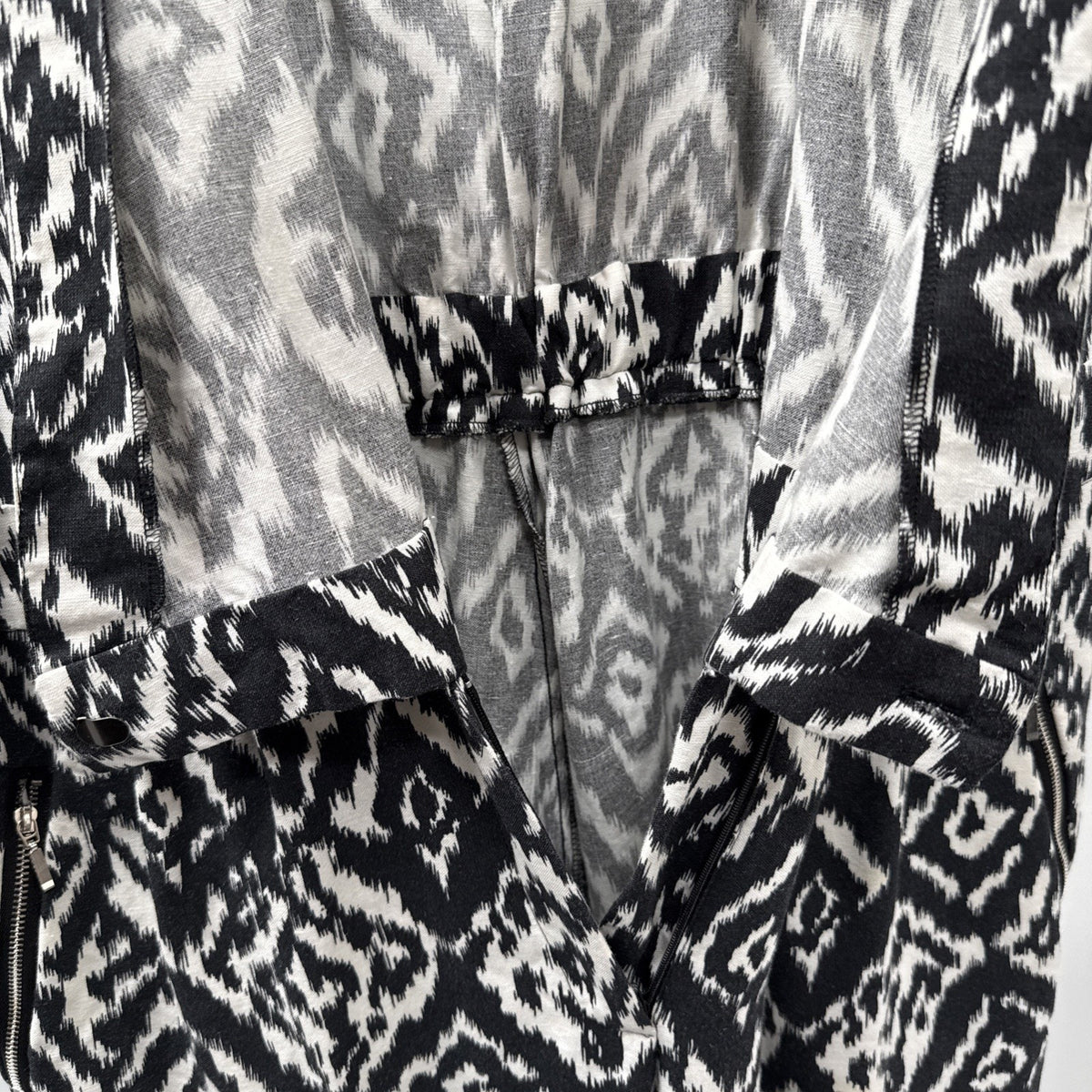 Ashley Stewart Linen Blend Jumpsuit Size 20 Black Tan Ikat Zip Slash Pockets