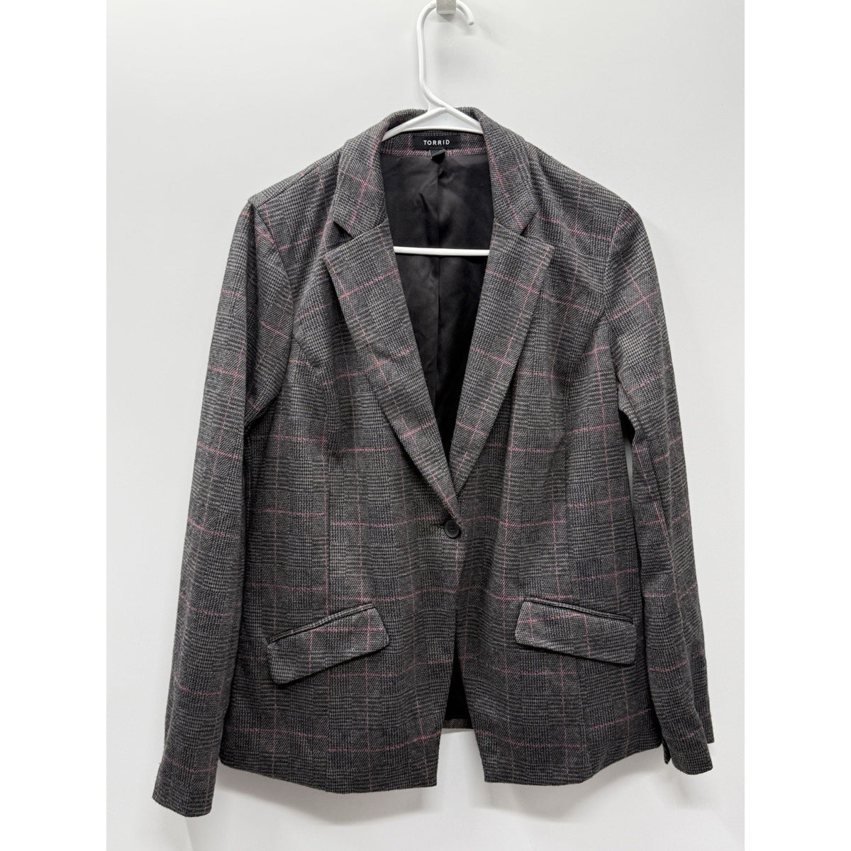 Torrid Size 00 Gray Pink Plaid Blazer Womens Stretch Career Office Jacket