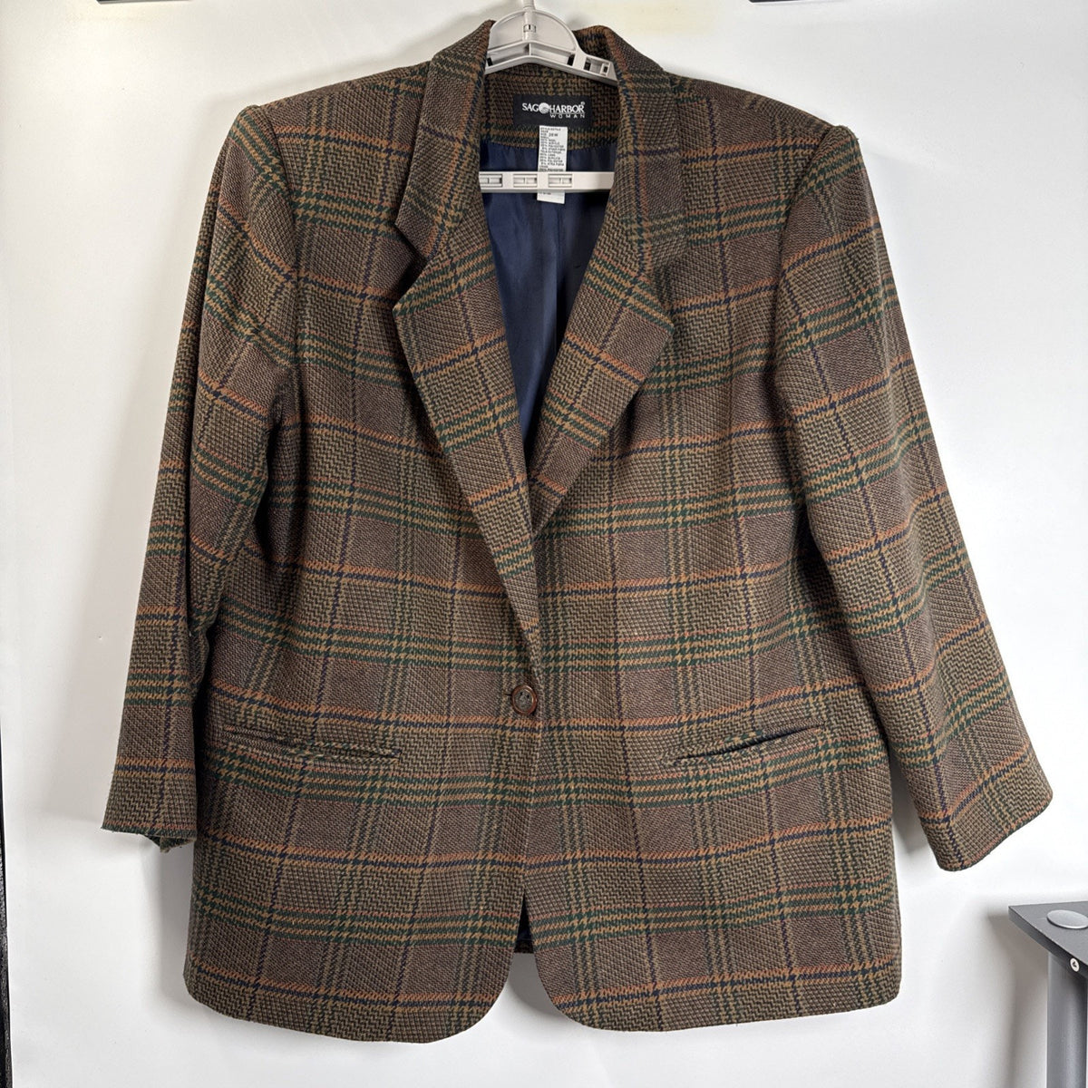 Sag Harbor Woman 20W Wool Blend Plaid Blazer Vintage Brown Green Tweed Jacket